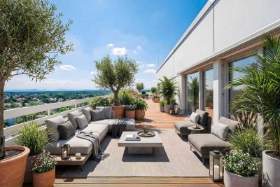 Exklusives Penthouse-Unikat in 60 m Höhe: 170 m² Terrasse, Wintergarten & Pool in München-Solln