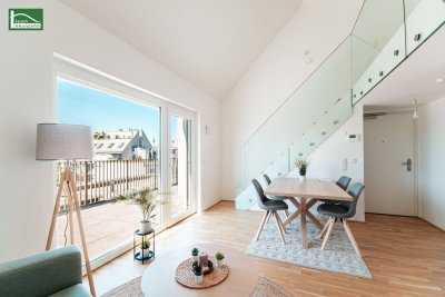 Traumhafte Erstbezugs-Maisonette mit Galerie, großer Terrasse und Weitblick nahe Kagraner Platz! Hochmoderne Ausstattung und Küche inkludiert!