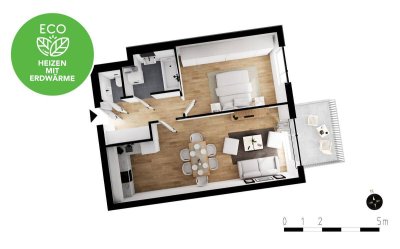 2-Zimmer Wohnung mit Balkon &amp; EWE-Küche | Fußbodenheizung | elektr. Außenbeschattung | Erdwärme