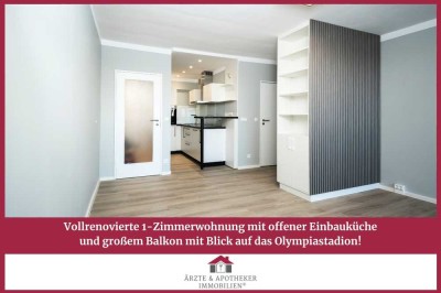 Vollrenovierte 1-Zimmerwohnung mit Einbauküche und großem Balkon mit Blick auf das Olympiastadion!