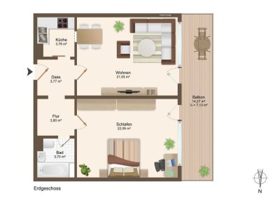 Großzügige, elegante 2-Zimmer-Wohnung. Traumhafter Balkon und unverbaubarer Blick. In guter Lage.