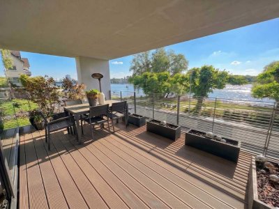 EXKLUSIVE RHEINBLICK BAUHAUS 4 ZIMMERWOHNUNG / RHEIN - TERRASSE / GARTEN / BALKON / TG - STELLPLATZ