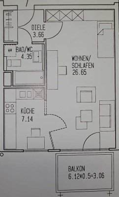 schöne großzügige 1 Zimmerwohnung mit Balkon, Ohne EBK, Mit TG-Stellplatz