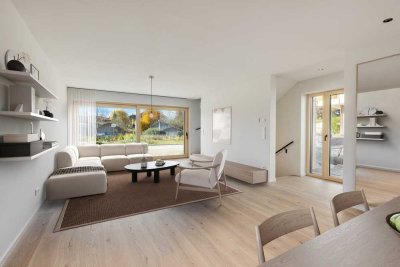 Chalet trifft Purismus: Familiengerechtes Eckhaus mit attraktiver Ausstattung zum Erstbezug