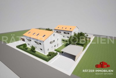 Neubau von 4 Doppelhaushälften mit Carport
in ökologischer Holzbauweise in Deining.
Provisionsfrei