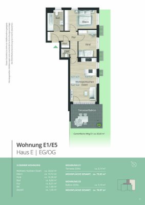 E1 - Großzügige 3 Zimmer Gartenwohnung, lichtdurchflutet und großzügig geschnitten mit 83 qm Garten