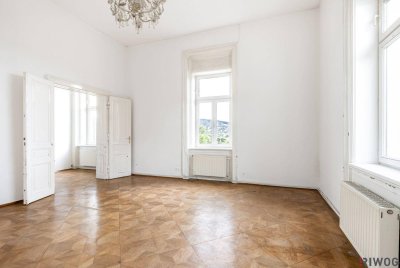 WIENTALBLICK | helle Wohnung in der historischen Villa mit 4,4m Raumhöhe &amp; Blick auf Linde | sanierungsbedürftig | Balkon geplant + Gartenoption |