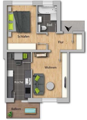 1.OG / Balkon / neues Laminat / Bad mit Fenster + Wanne