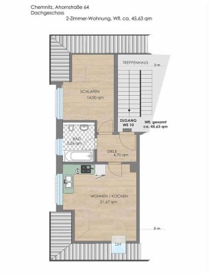 Großzügige DG-Wohnung, 2-Zimmer, Tageslichtbad, EIGENNUTZ oder KAPITALANLAGE