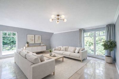 Repräsentative Maisonette-Wohnung mit Einfamilienhaus-Charakter, 4 Balkonen, Doppelcarport u. Sauna!