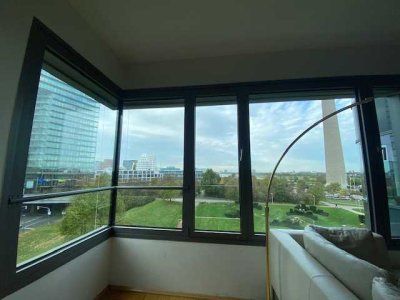 RHEINBLICK PUR im HAFEN - NEU HOCHWERTIG MÖBLIERT -  PORTOBELLO-HAUS - OFFENE EINBAUKÜCHE; PARKETT