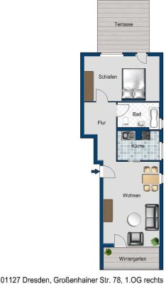 2 Raum Wohnung mit Dachterrasse und Wintergarten