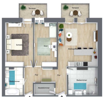 Erstbezug: KfW 55 = geringe Nebenkosten, hochwertige 3-Zimmer Wohnung mit Terrasse