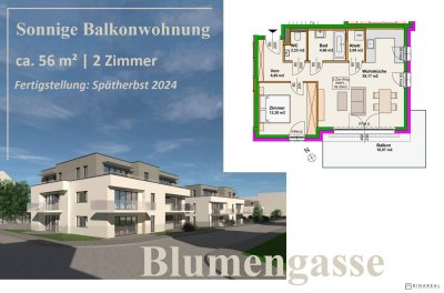 Blumengasse - Bauteil B | Neubauprojekt | 2 Zimmer Wohnung - 1.OG | Balkon | Belagsfertig | Tiefgaragenstellplatz optional | Spätherbst 2024 (Top B7)