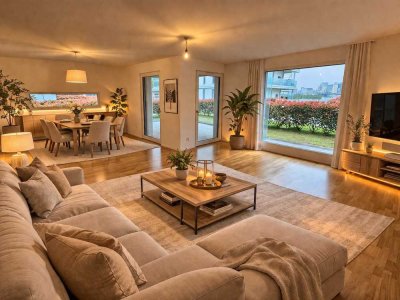 Wohnen wie im eigenen Haus - moderne Gartenwohnung am Altrhein mit Terrasse & Tiefgarage