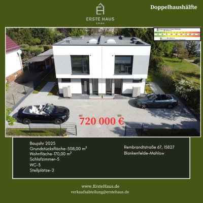 Berlin-Blankenfelde: Doppelhaushälfte 170 m², 5 SZ, A+, Einliegerwohnung - provisionsfrei