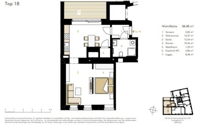 ERSTBEZUG + Traumhafte 2-Zimmer-Wohnung mit großer Küche 15,24m² in 1200 Wien/Grenze 1090 Wien + Loggia 8,48 m² + 400m U4 Friedensbrücke entfernt