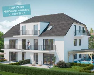 EUR 150.000 KfW-Darlehen zu 1,03 % Zins! KfW-40-QNG-Plus! 4-Zimmer EG-Wohnung mit ca. 120 m² Garten