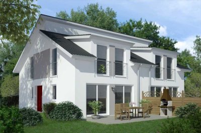 Moderne Doppelhaushälfte KfW55 inklusiv großer Garage und voll unterkellert. Die Raumaufteilung ist