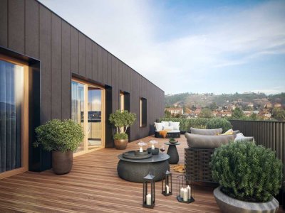 Penthouse-Wohnung mit 55 m² Dachterrasse und Blick in die Weinberge