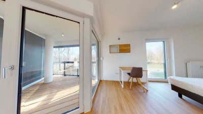 Außergewöhnliche Sicht durch große Glasfront: Möbliertes 1-Zi-Apartment in Dortmund mit Wintergarten