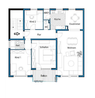 Große, helle 5 Zimmer Wohnung mit großer Wohnküche und großem Südbalkon plus eig. Gartenanteil