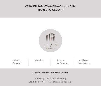 Vermietung: Möblierte 1-Zimmer-Wohnung mit Terrasse in guter Lage am Elbe-Einkaufszentrum.