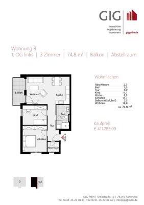 WE08 | Neubau | 3 Zimmer | ca. 75 m² | Balkon | 1. OG | Abstellraum |  Kellerraum