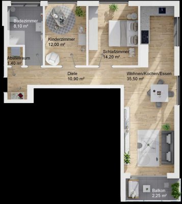 Haus A, Wohnung 5, Obergeschoss, 3-Zimmer