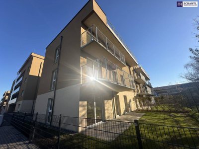 TRAUMHAFT! Erleben Sie Wohnkomfort pur! Lichtdurchflutete 2-Zimmer-Neubauwohnung mit Südwestausrichtung, riesiger Balkon, exklusiver Tischlerküche und Tiefgaragenplatz!