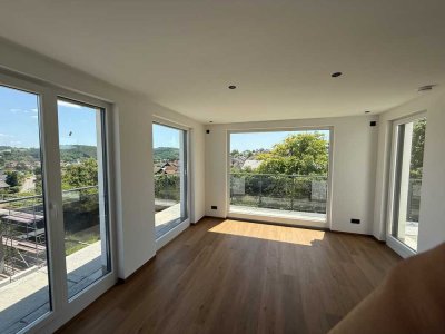 Moderne Neubau-Penthouse-Wohnung mit großer Terrasse, Smart Home, Glasfaser und Garage.