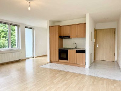 Helle 1-Zimmer-Wohnung mit großem Westgarten und Terrasse.