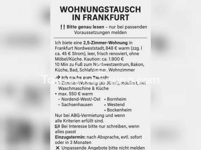 Tauschwohnung: Wohnungstausch in Frankfurt – 2,5-Zimmer gegen 1-Zimmer