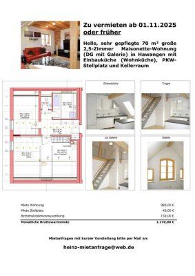 Lichtdurchflutete, hochwertig 2,5-Raum-Maisonette-Wohnung mit Einbauküche in Hawangen