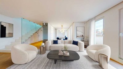 Modernes Vier-Zimmer-Penthouse mit weitläufigen Terrassen und Panoramablick über die Skyline