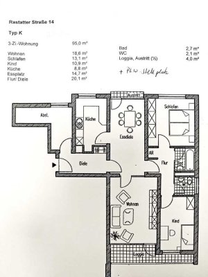 sehr schöne geschnittene 3 bis 4 Zimmer-Wohnung mit Südloggia