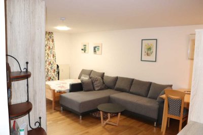 1-Raum-Souterrain-Wohnung möbliert mit Terrasse, Gartenmitbenutzung, Abstellraum & Parkplatz