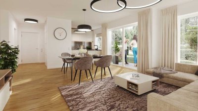 Exklusiver Neubau:  3-ZKB-Erdgeschosswohnung mit Garten und zwei Stellplätze