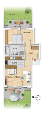 Optimal geschnittene 2-Zimmerwohnung im EG mit 2 Terrassen nach Osten und Westen