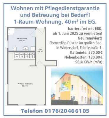 Schöne 1-Zimmer-Wohnung in Wintersdorf mit Pflegedienst Garantie und Betreuung bei Bedarf!!