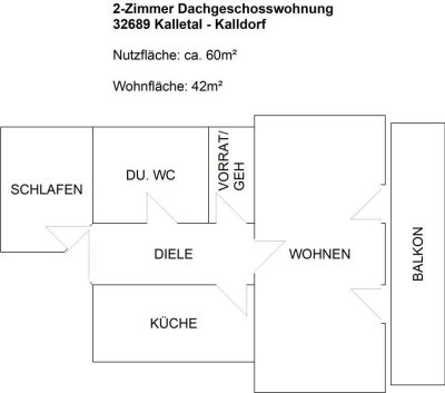 2 Zimmer Dachgeschosswohnung in Kalletal Kalldorf, 2ZKDB, Balkon