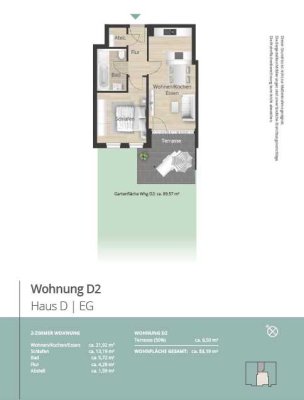 D2 - Kompakt und Elegant - 2 Zimmer Wohnung mit Garten, offener Wohn-/Essbereich, Schlafzimmer, etc.