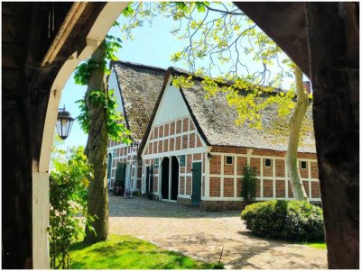 Traditionelles, reetgedecktes Fachwerkbauernhaus Ensemble mit Stall und Gästehaus