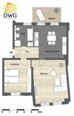 2-Raum-Wohnung mit Dusche und Badewanne