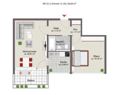Moderne und helle 2-Zimmer Wohnung im 5. OG mit Balkon in Augsburg Universitätsviertel