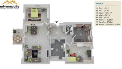 großzügige Erdgeschosswohnung 3 Zimmer 107 m²  mit Einbauküche