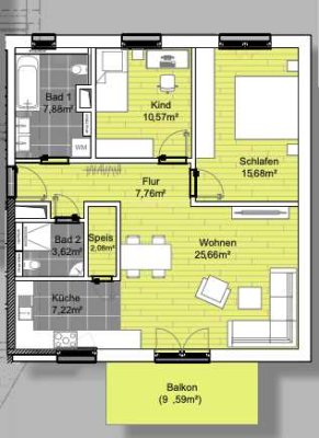 Erstbezug 07/25 | 3 Zimmer-Wohnung | 2.OG | Süd-Balkon