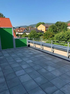 Modern geschnittene 5-ZKB-Wohnung mit Dachterrasse und Blick auf das Hambacher Schloss
