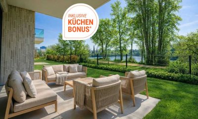 Kurzfristig bezugsfertige 4-Zi.-Wohnung mit 2 Bädern, Südterrasse und Garten in erster Reihe zum See