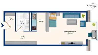 Großzügige 1-Zimmer-Wohnung in sonniger Wohnlage